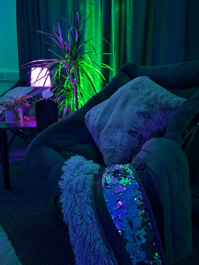 Chair with blankets and cushions