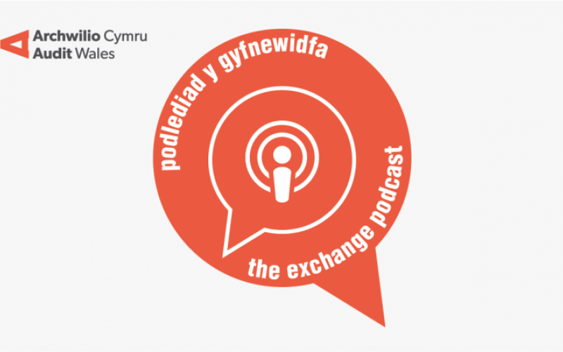 Icon of a speech bubble with the words The Exchange Podcast - Podlediad y gyfnewidfa