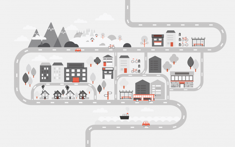 A graphic illustrating a stylised Welsh town. It includes housing, businesses and transport in the form of bicycles and buses, as well as references to the mountains and countryside.