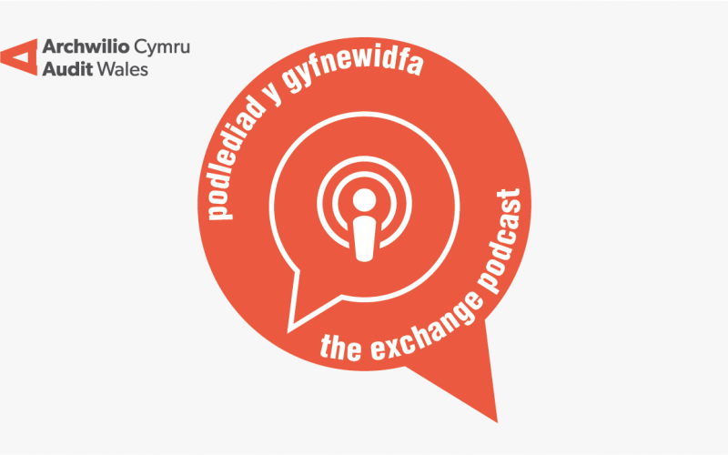 Icon of a speech bubble with the words The Exchange Podcast - Podlediad y gyfnewidfa