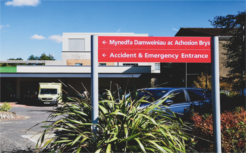 A&E sign outside a hospital.