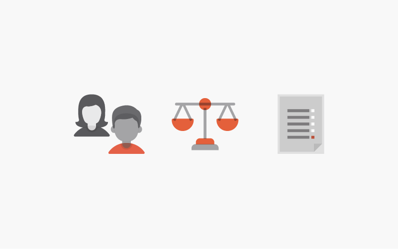 visual image - two people, weighing scales and tick boxes on a document
