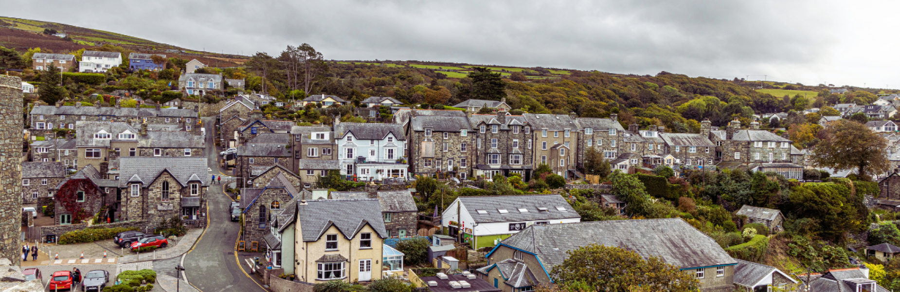 Golygfa o'r awyr o Harlech, Gwynedd