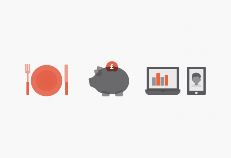 Icons of a plate, piggy bank, laptop and smartphone