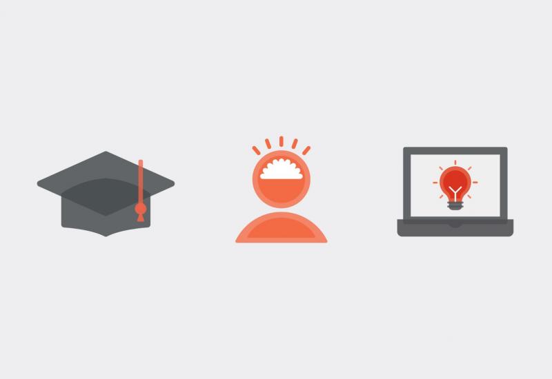 three icons - graduation hat, person and laptop