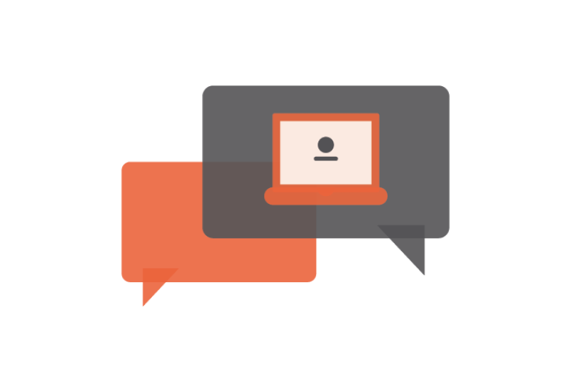 Image representing digital conversation by depicting two speech bubbles, one encompassing a laptop.