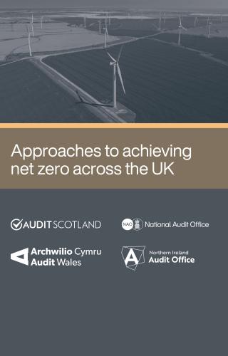 Report cover with picture of windmill and text -Approaches to achieving net zero across the UK